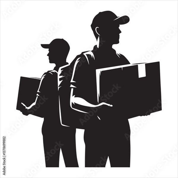 Obraz Courier Delivering Carrying Box Silhouette on isolated white background