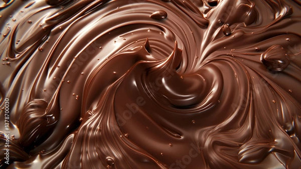 Fototapeta High-angle, close-up macro shot of swirling, melted chocolate. The image showcases a dynamic texture with varying shades of brown, highlighting the glossy and smooth surface of the chocolate.  The