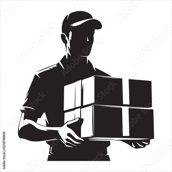 Obraz Courier Delivering Carrying Box Silhouette on isolated white background