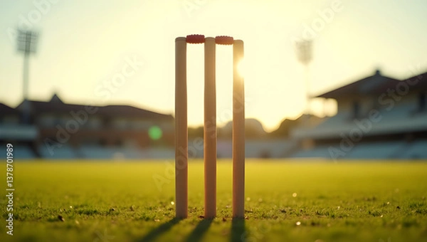Fototapeta Close-Up of Cricket Wicket on Lush Green Ground – Stumps and Bails Ready for Match – Sports and Game Concept