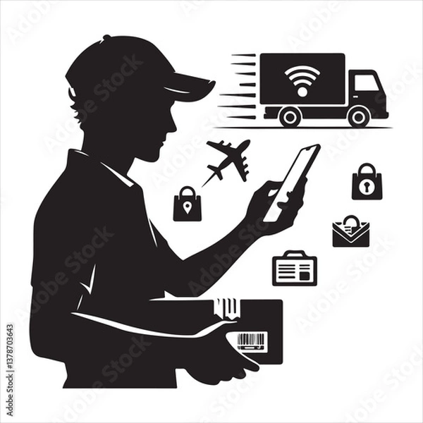 Obraz Courier Delivering Carrying Box Silhouette on isolated white background