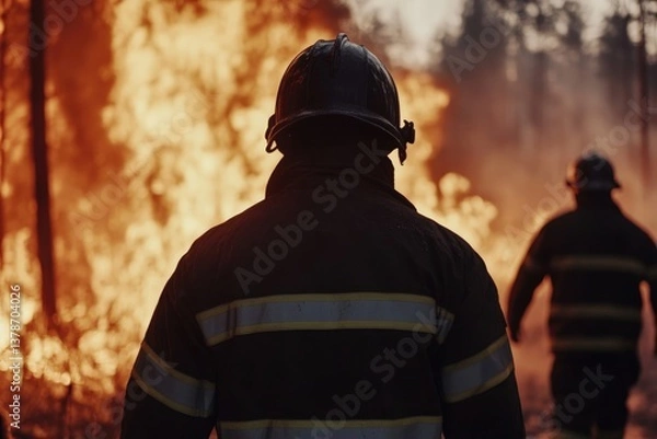 Fototapeta Firefighters working in perfect coordination combating wildfire