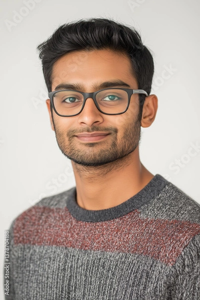 Fototapeta Close-up studio portrait of a young man with dark hair and beard stubble. He is wearing dark-framed glasses and a simple grey shirt. The background is a neutral, light grey. The image is sharply