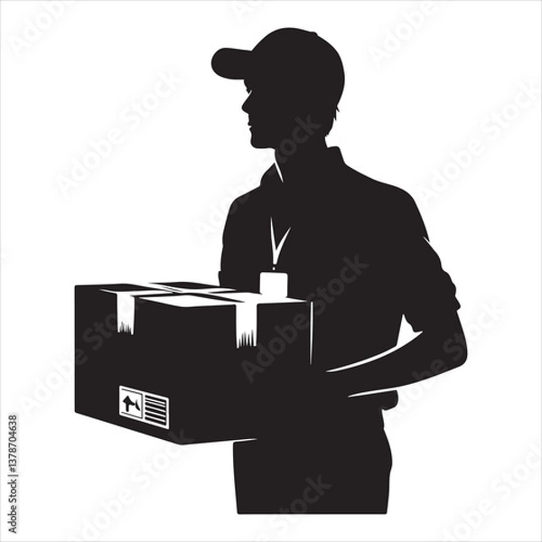 Obraz Courier Delivering Carrying Box Silhouette on isolated white background