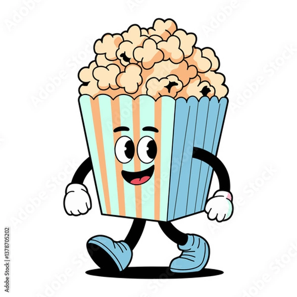 Fototapeta Vector cartoon popcorn box character with arms and legs, striped container concept of cinema snack fun