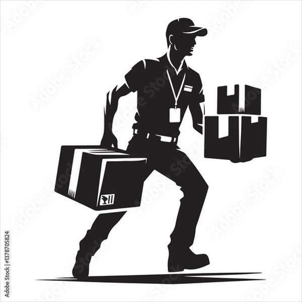 Obraz Courier Delivering Carrying Box Silhouette on isolated white background