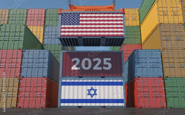 Obraz Trading 2025. Cargo Container with Israel and USA flag. 3D Rendering