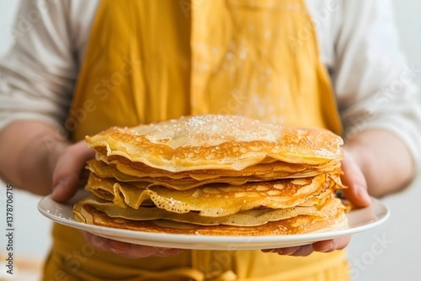 Obraz A stack of delicious pancakes on a white plate held by a person wearing a yellow apron.