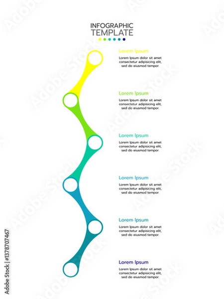 Obraz 6 Circular elements placed in vertical row. Concept of 6 successive steps of project development process. Flat infographic design template. Simple vector illustration for business analytics.
