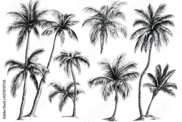 Fototapeta Set of multiple tropical palm trees, detailed and isolated