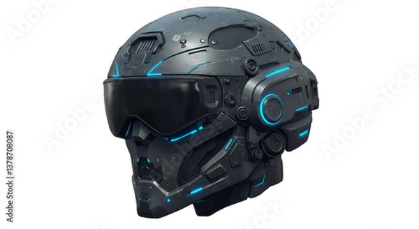 Obraz Close up of a futuristic gray helmet with blue lights on a black background