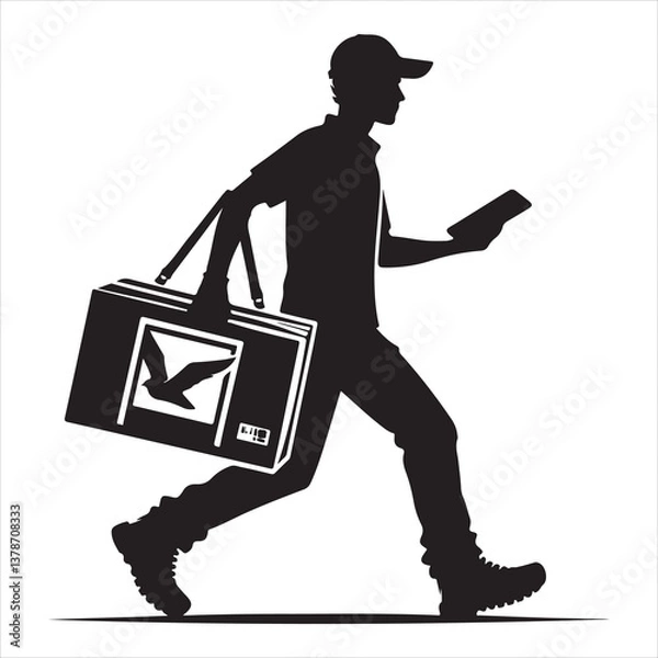 Obraz Courier Delivering Carrying Box Silhouette on isolated white background