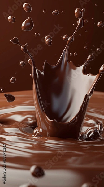 Fototapeta A close-up, macro photograph captures the dynamic moment of a dark chocolate liquid splashing.  The image showcases a high-contrast interplay of light and shadow, highlighting the glossy surface