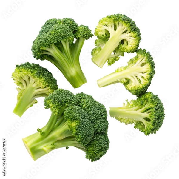 Fototapeta Fresh broccoli florets in various sizes, showcasing vibrant green color and intricate textures.
