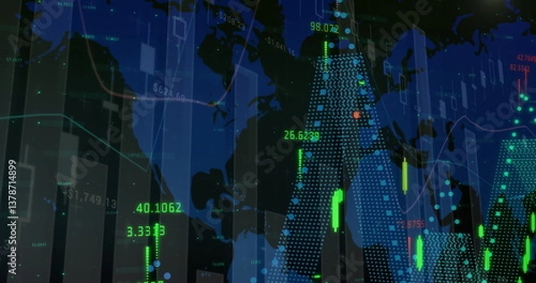 Fototapeta Image of statistics and numbers, financial data processing over world map