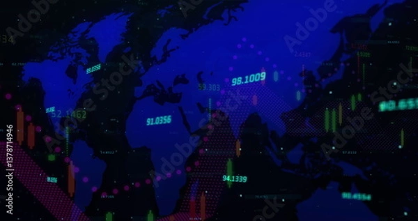 Fototapeta Image of statistics and numbers, financial data processing over world map