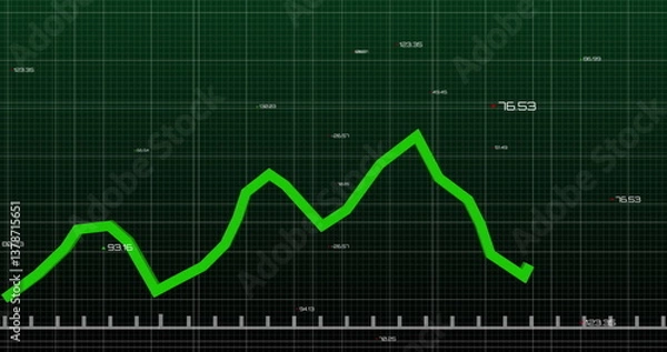 Fototapeta Image of green line and statistics processing with numbers over grid