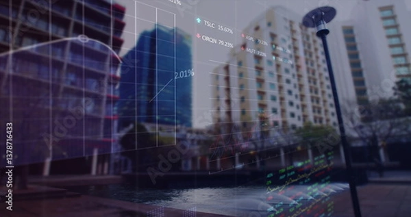 Obraz Image of financial data processing over cityscape