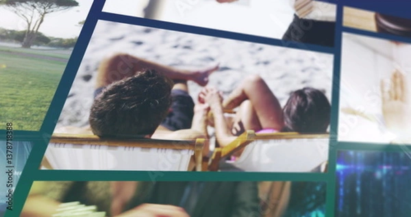 Obraz Scrolling composite screens, including couple on beach, digital technology and handshake