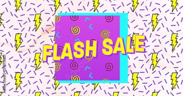 Fototapeta Image of flash sale text in yellow letters over brightly coloured thunder flash retro pattern