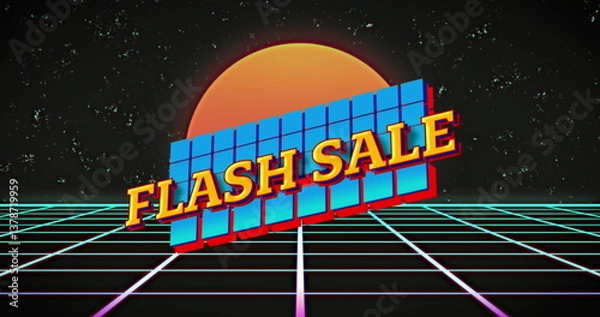 Obraz Flash sale text on abstract shapes over grid network and orange round banner on black background