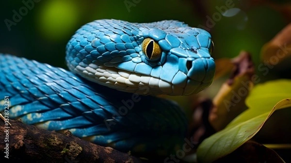 Fototapeta Close-up on the face of a blue viper snake. dangerous, poison, fast, fauna, monster, mythology, oriental, photography, power, scale, skin, tattoo, tongue, angry, china, cobra, color image