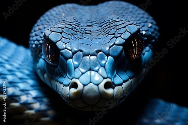 Fototapeta Close-up on the face of a blue viper snake. dangerous, poison, fast, fauna, monster, mythology, oriental, photography, power, scale, skin, tattoo, tongue, angry, china, cobra, color image