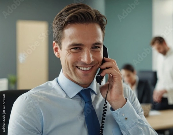 Fototapeta a smiling man using a mobile phone while being at the office