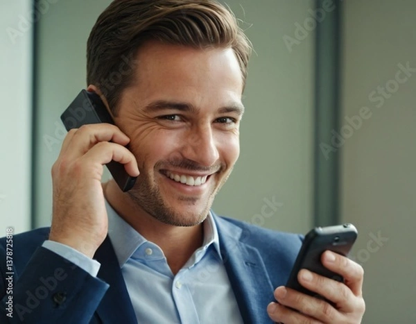 Fototapeta a smiling man using a mobile phone while being at the office