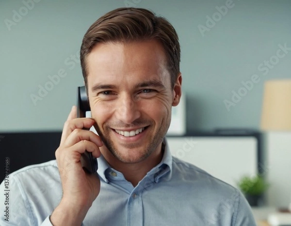 Fototapeta a smiling man using a mobile phone while being at the office