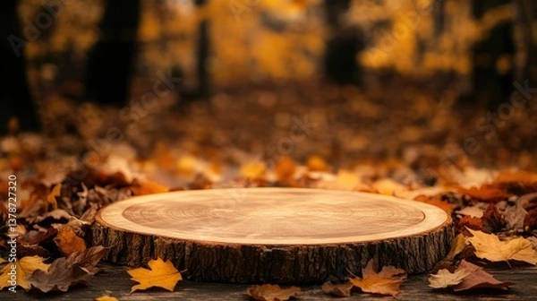 Fototapeta Autumn wood stage for product display with fall foliage and forest scene
