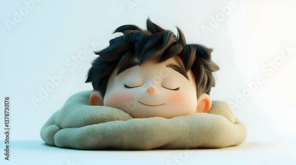 Fototapeta Illustration of a Sleeping Boy Character Wrapped in a Pillow on White Background Rendered in 3D with Soft Lighting