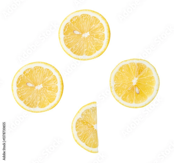 Fototapeta Top view set of fresh ripe yellow lemon fruits in halves and slice or quarter isolated on white background with clipping path