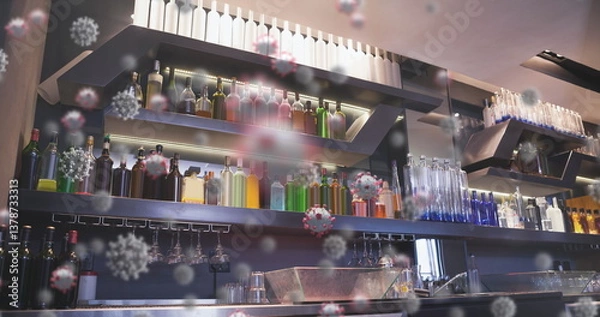 Fototapeta Virus cells floating over empty bar setting, highlighting health care concerns
