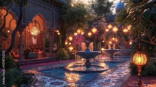 Fototapeta Enchanting Islamic Garden with Illuminated Fountains and Architectural Elegance