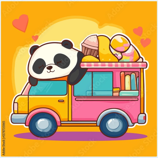 Fototapeta Panda on ice cream truck, vector illustration.