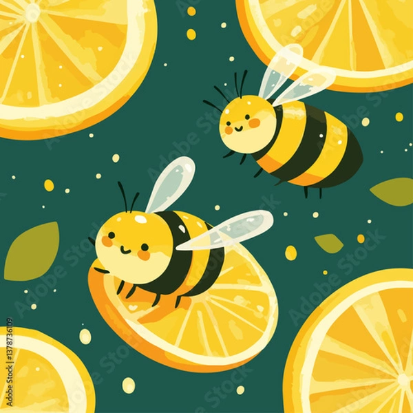 Fototapeta There are bees around the lemon slice, vector illustration.