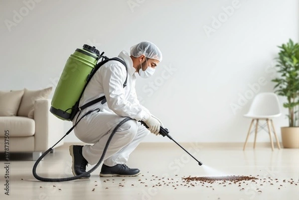 Fototapeta Pest control specialist spraying insects on floor, wearing protective suit, modern minimal room background, concept of extermination service. Ai generative