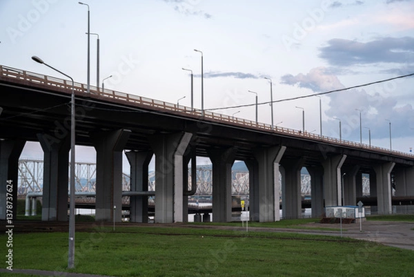 Fototapeta Large concrete support columns for a bridge or elevated roadway