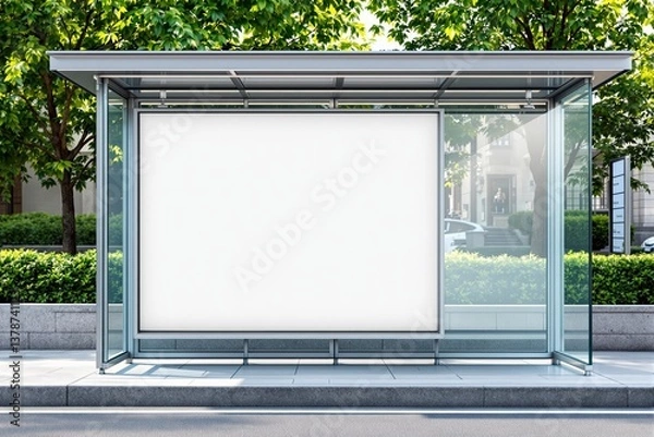 Fototapeta Empty advertisement billboard at a glass bus stop, creative style, with cityscape and green trees in the background. Concept of outdoor marketing. Ai generative
