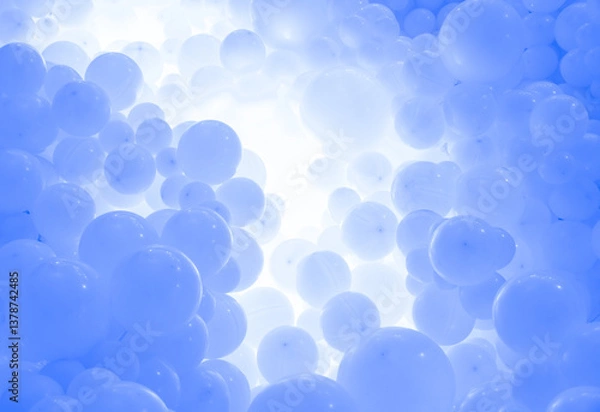 Fototapeta Blue background with flying balloons - clean design, 3d abstract realistic banner.