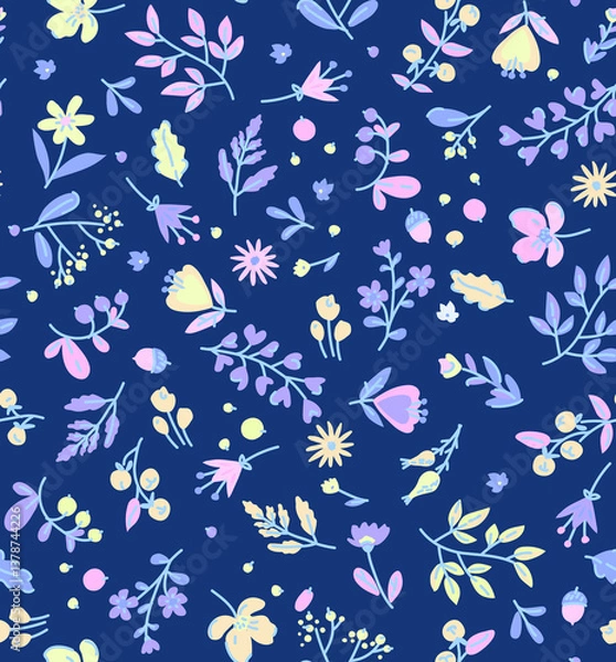 Fototapeta pattern on a colorful background with a  wild  flowers of different sizes artwork for tattoo, fabrics, souvenirs, packaging, greeting cards and scrapbooking