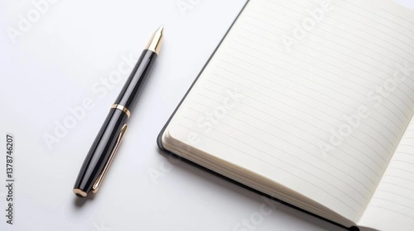 Fototapeta Pen and Notebook: A sleek, black pen rests beside an open, blank notebook. It is ready to be filled with ideas, thoughts, or plans.
