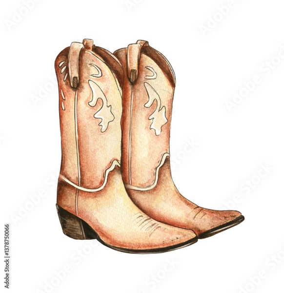 Fototapeta Cute watercolor depiction of hand drawn cowboy boots on a white background showcasing rustic charm and artistry