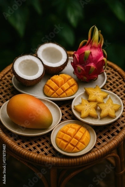 Fototapeta AI-generated digital illustration of exotic tropical fruits on a rattan table, including mango, coconut, dragon fruit, and starfruit. Perfect for food, health, and summer designs.
