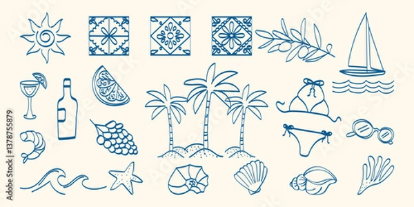 Fototapeta Set of hand drawn summer elements. Minimalist line art. Summer vacation and travel concept. Palm tree, yacht, sun and sea, shells, fruits. Ink drawing. Vector flat illustration.