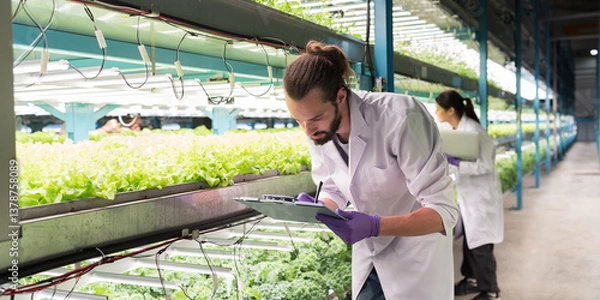 Fototapeta Scientist wear white uniform working in organic. Scientist analyzes and studies research in organic, hydroponic vegetables plots growing on indoor vertical farm