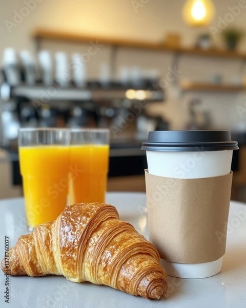 Obraz Fresh Croissant with Coffee and Juice at Modern Cafe Table Setting