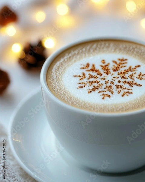 Obraz Festive Coffee with Beautiful Snowflake Pattern on Cream Surface