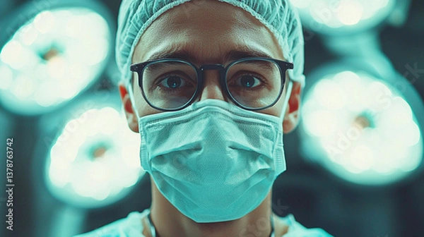 Fototapeta Close-up portrait of a charismatic surgeon doctor in a mask.	

